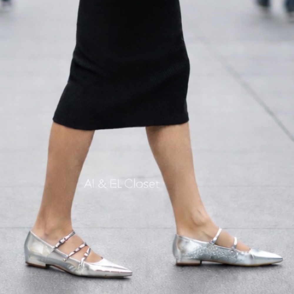 Sam Edelman Cass Silver Leather Pointed Toe 3-Strap Flats Sz 7.5 M New With Box